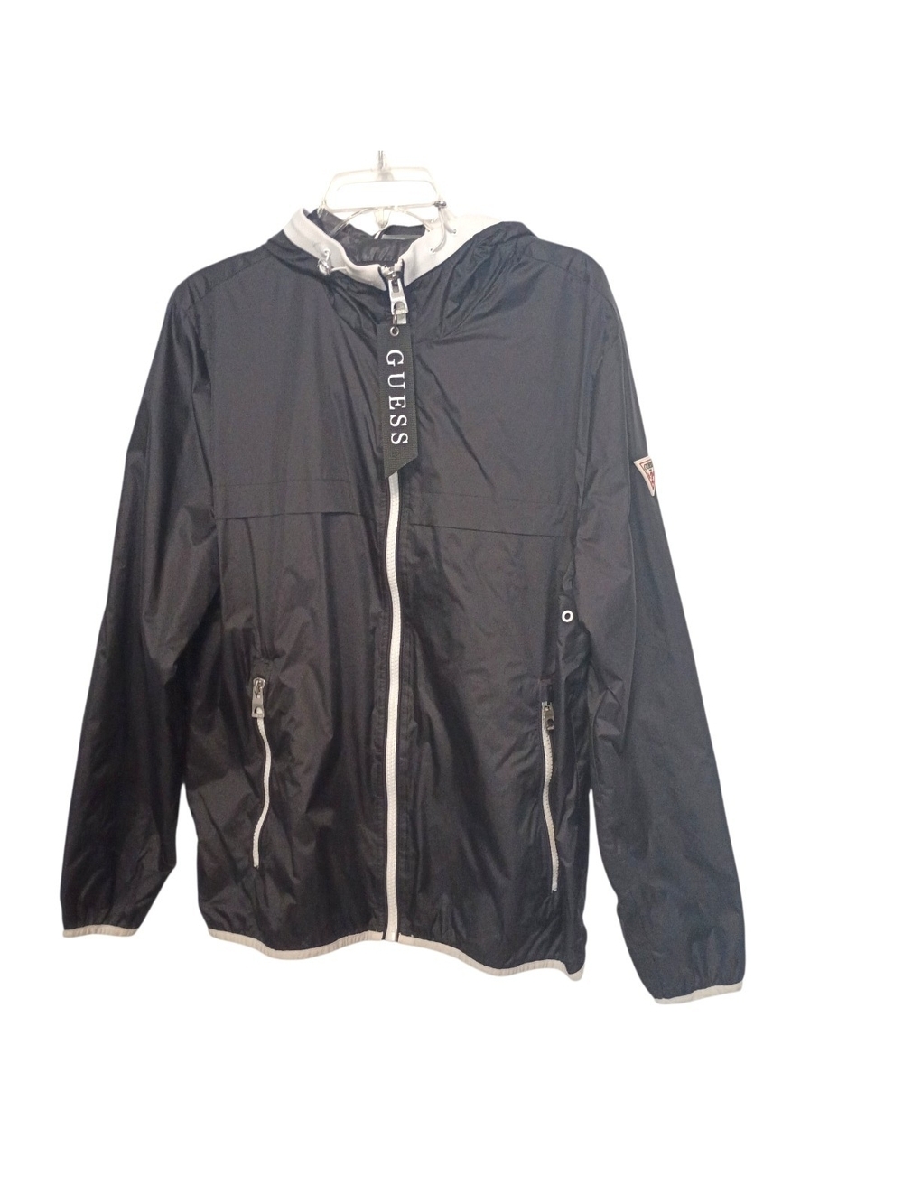 GUESS Black Windbreaker Jacket with White Trim - Large